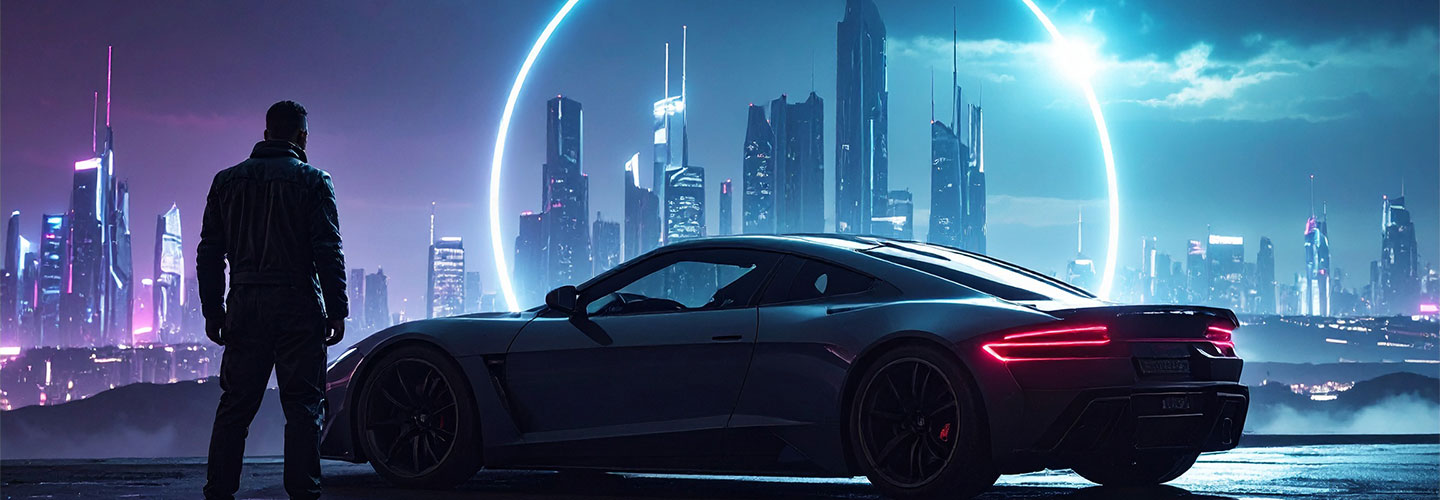 cyberpunk car and character in front of cityscape